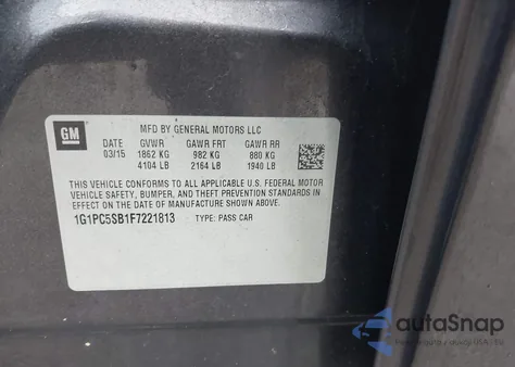 2015 Chevrolet Cruze 1Lt Auto из США, поврежденный, VIN 1G1PC5SB1F7221813